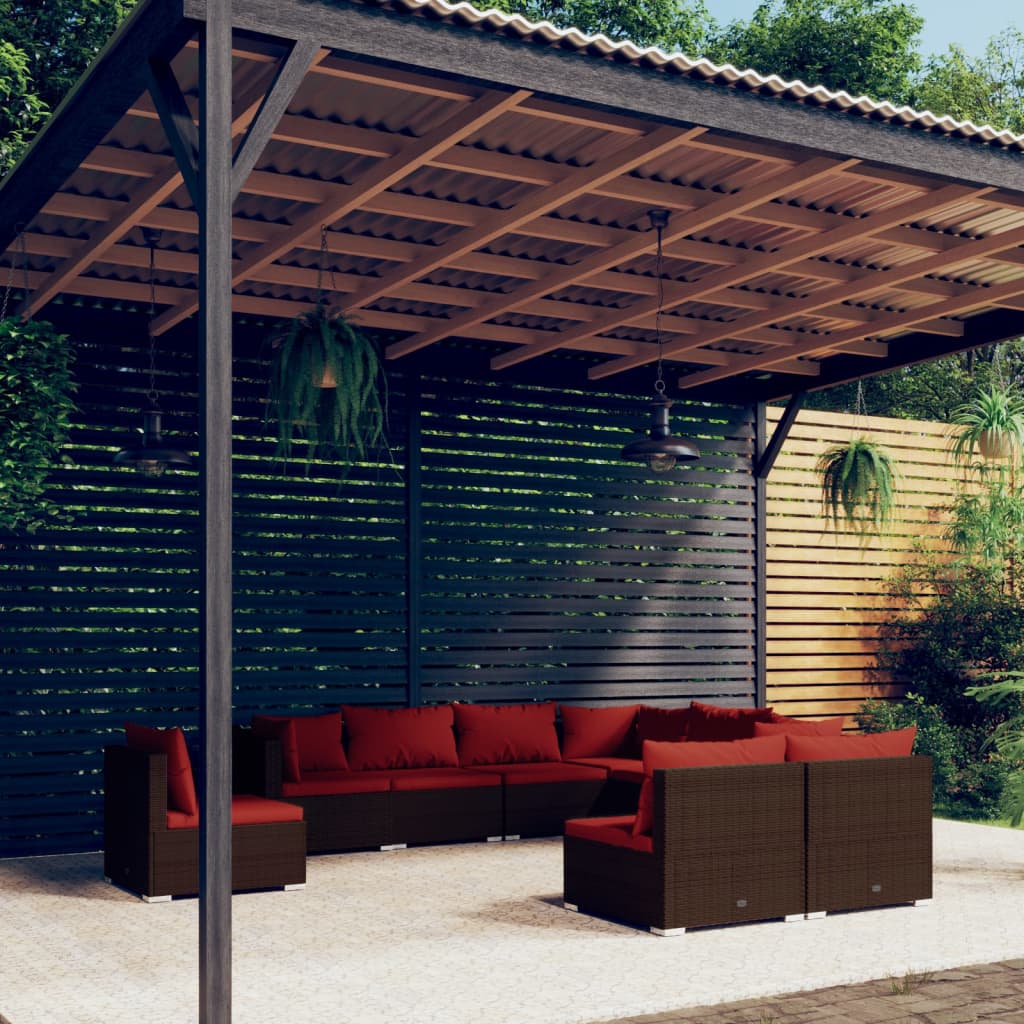 Set Divani da Giardino 9 pz con Cuscini in Polyrattan Marrone | homemem39