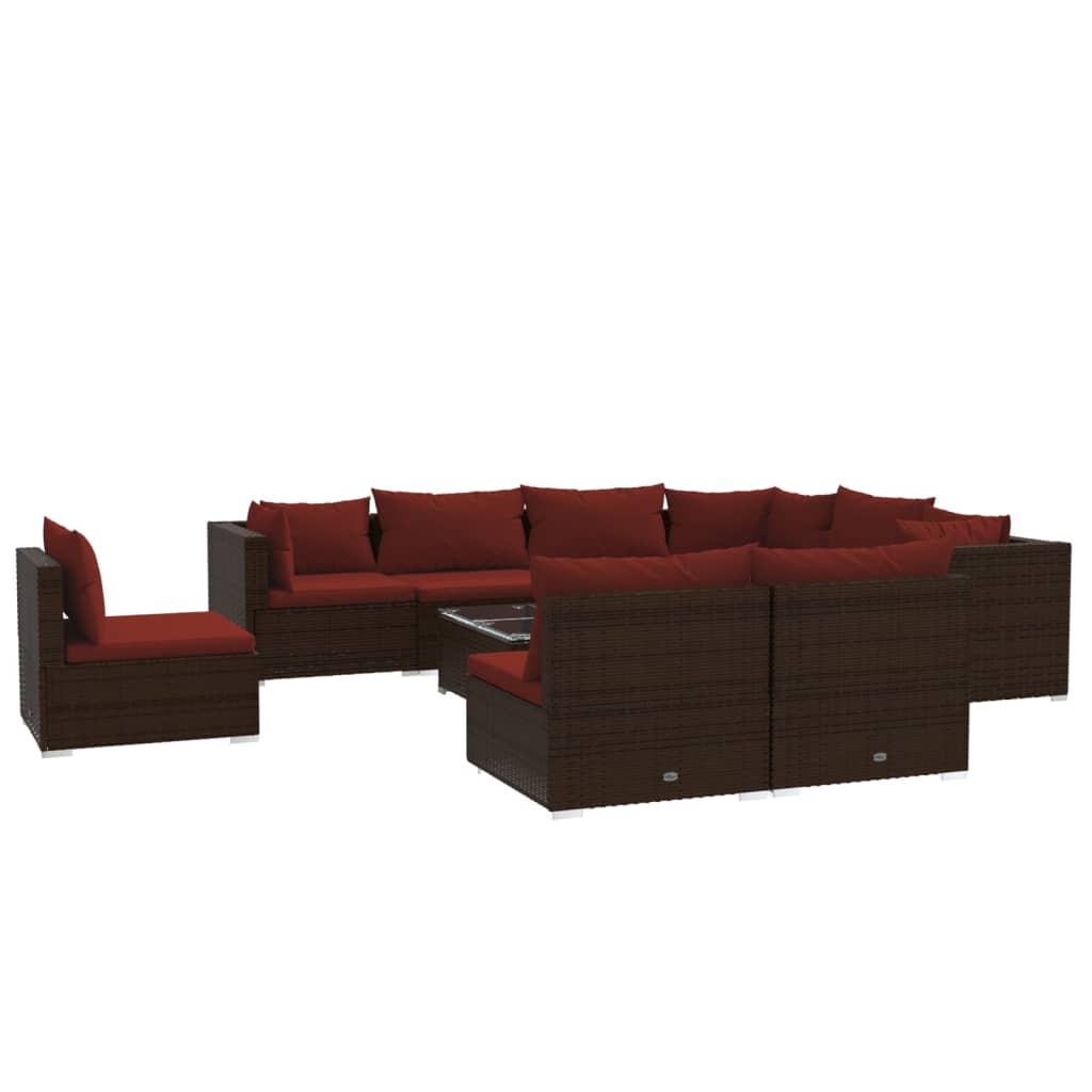 Set Divani da Giardino 10 pz con Cuscini in Polyrattan Marrone | homemem39
