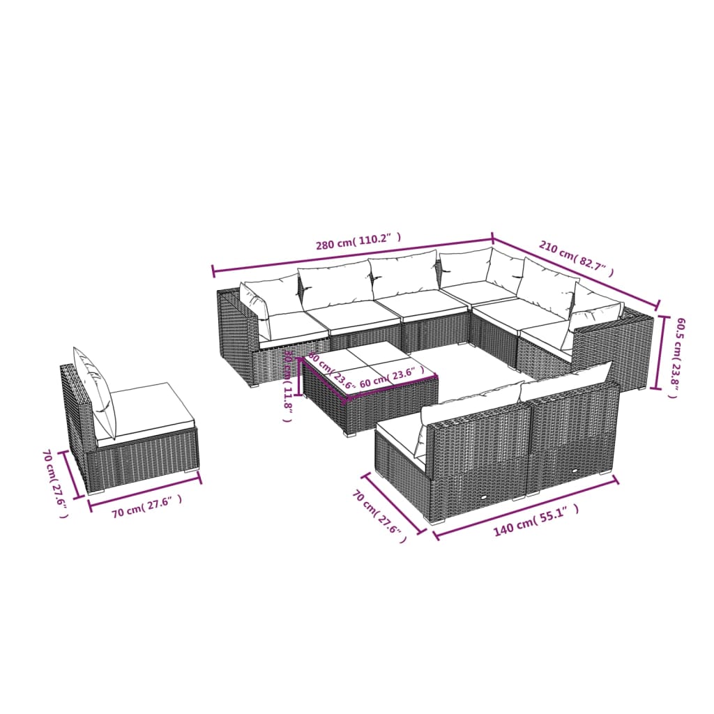 Set Divani da Giardino 10 pz con Cuscini in Polyrattan Marrone | homemem39