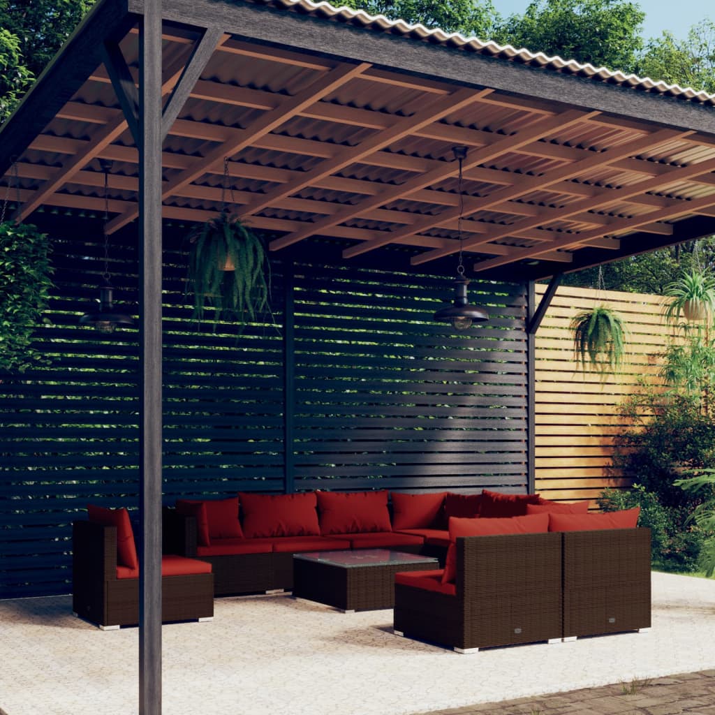 Set Divani da Giardino 10 pz con Cuscini in Polyrattan Marrone | homemem39