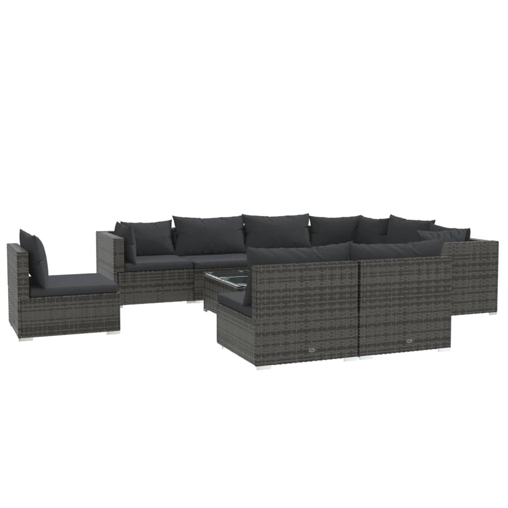 Set Divani da Giardino 10 pz con Cuscini in Polyrattan Grigio | homemem39