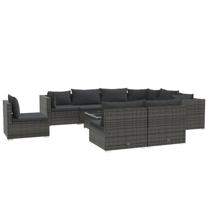 Set Divani da Giardino 10 pz con Cuscini in Polyrattan Grigio | homemem39