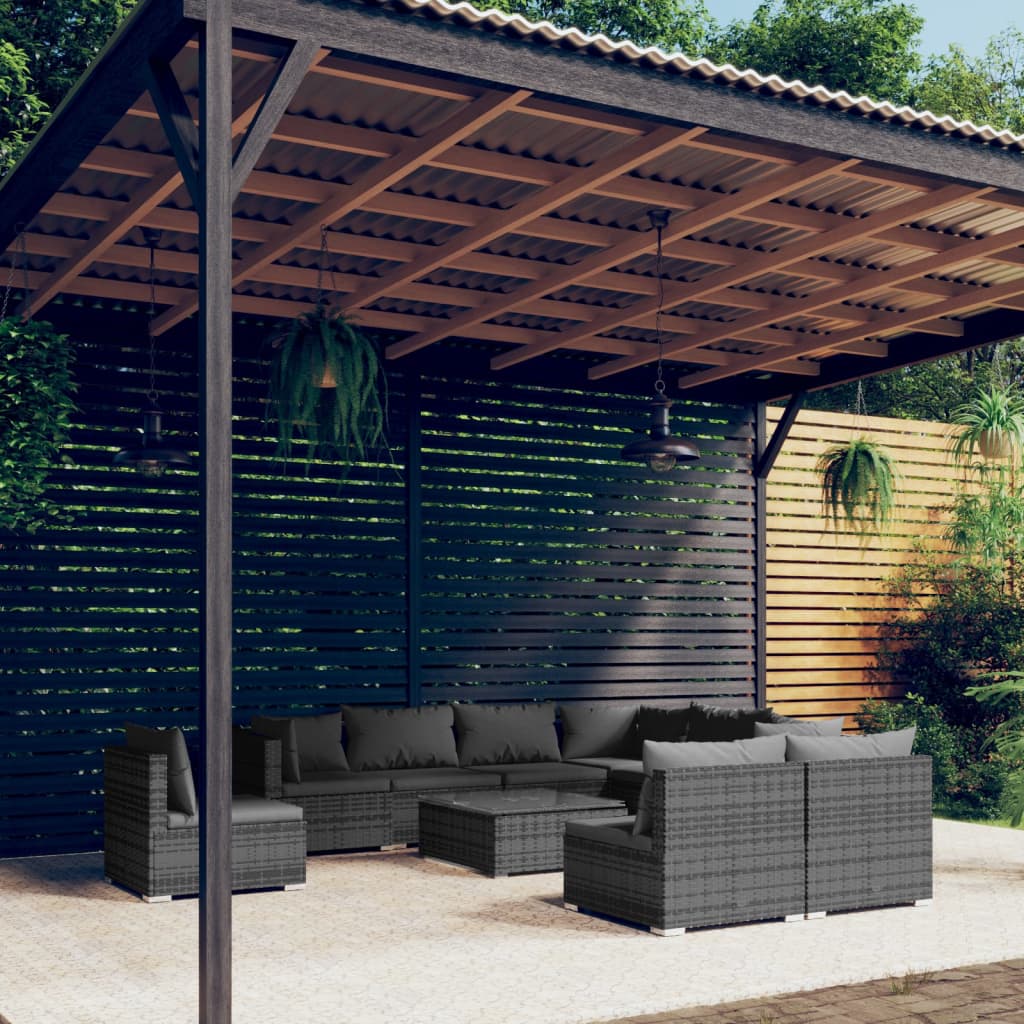 Set Divani da Giardino 10 pz con Cuscini in Polyrattan Grigio | homemem39