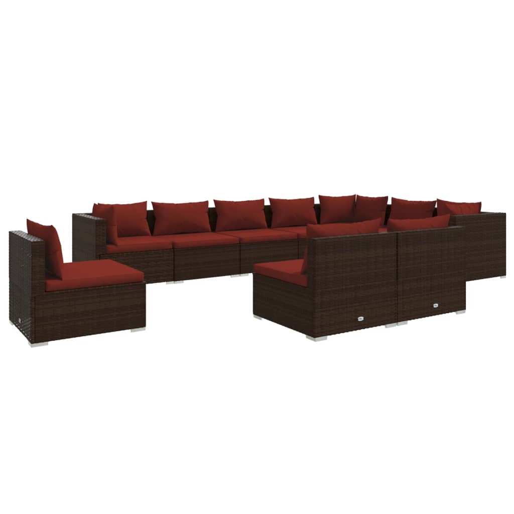 Set Divani da Giardino 10 pz con Cuscini in Polyrattan Marrone | homemem39