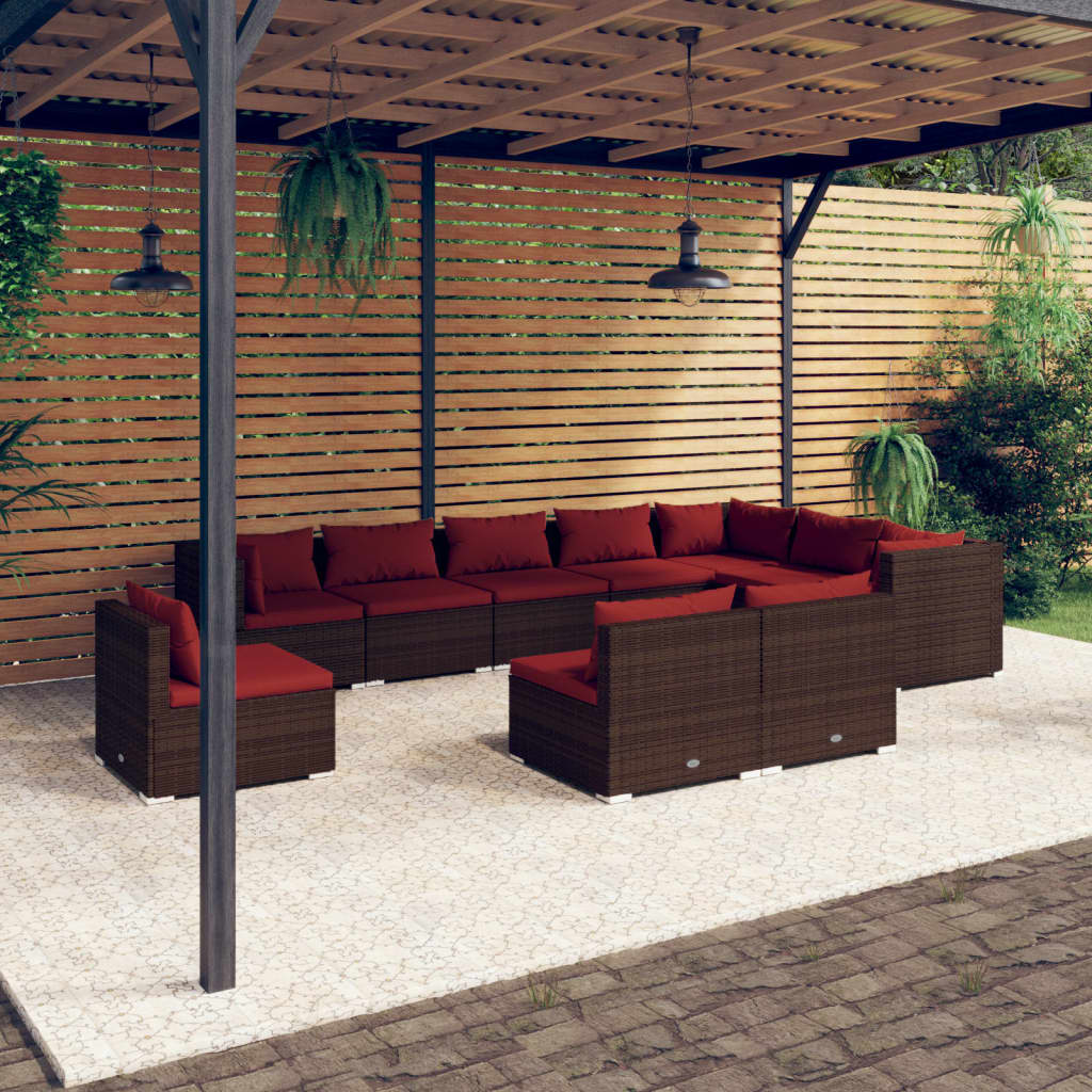 Set Divani da Giardino 10 pz con Cuscini in Polyrattan Marrone | homemem39