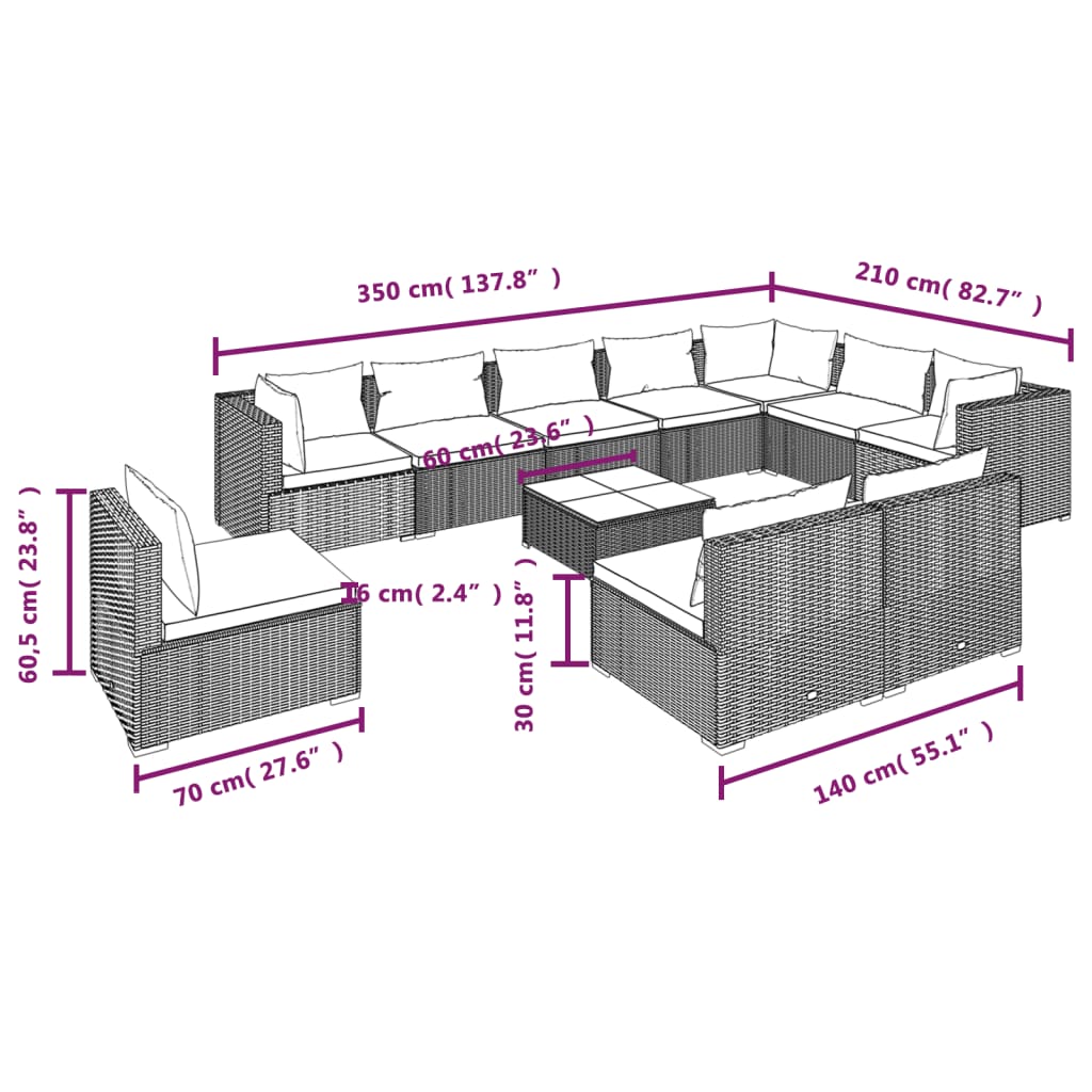 Set Divani da Giardino 11 pz con Cuscini in Polyrattan Marrone | homemem39