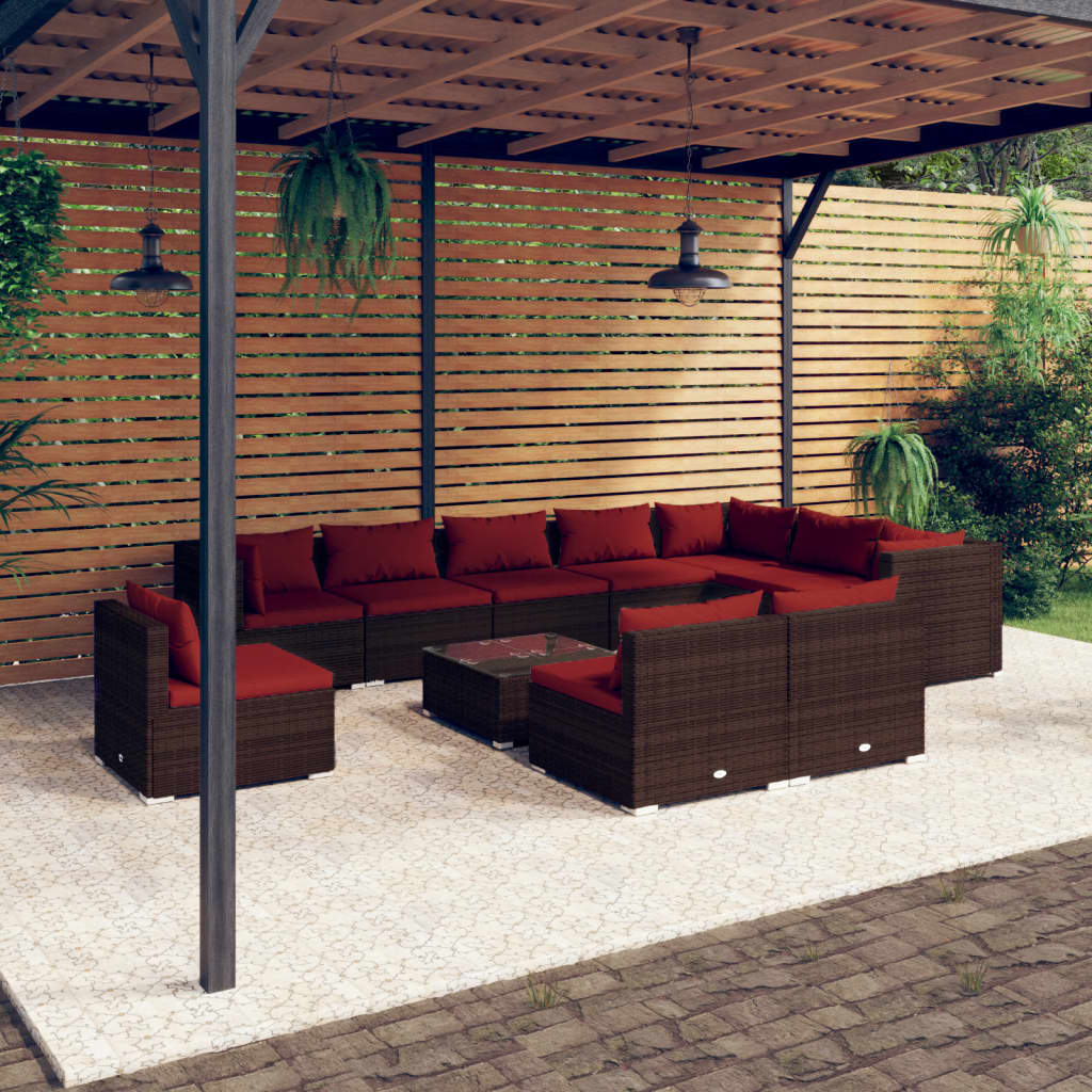 Set Divani da Giardino 11 pz con Cuscini in Polyrattan Marrone | homemem39