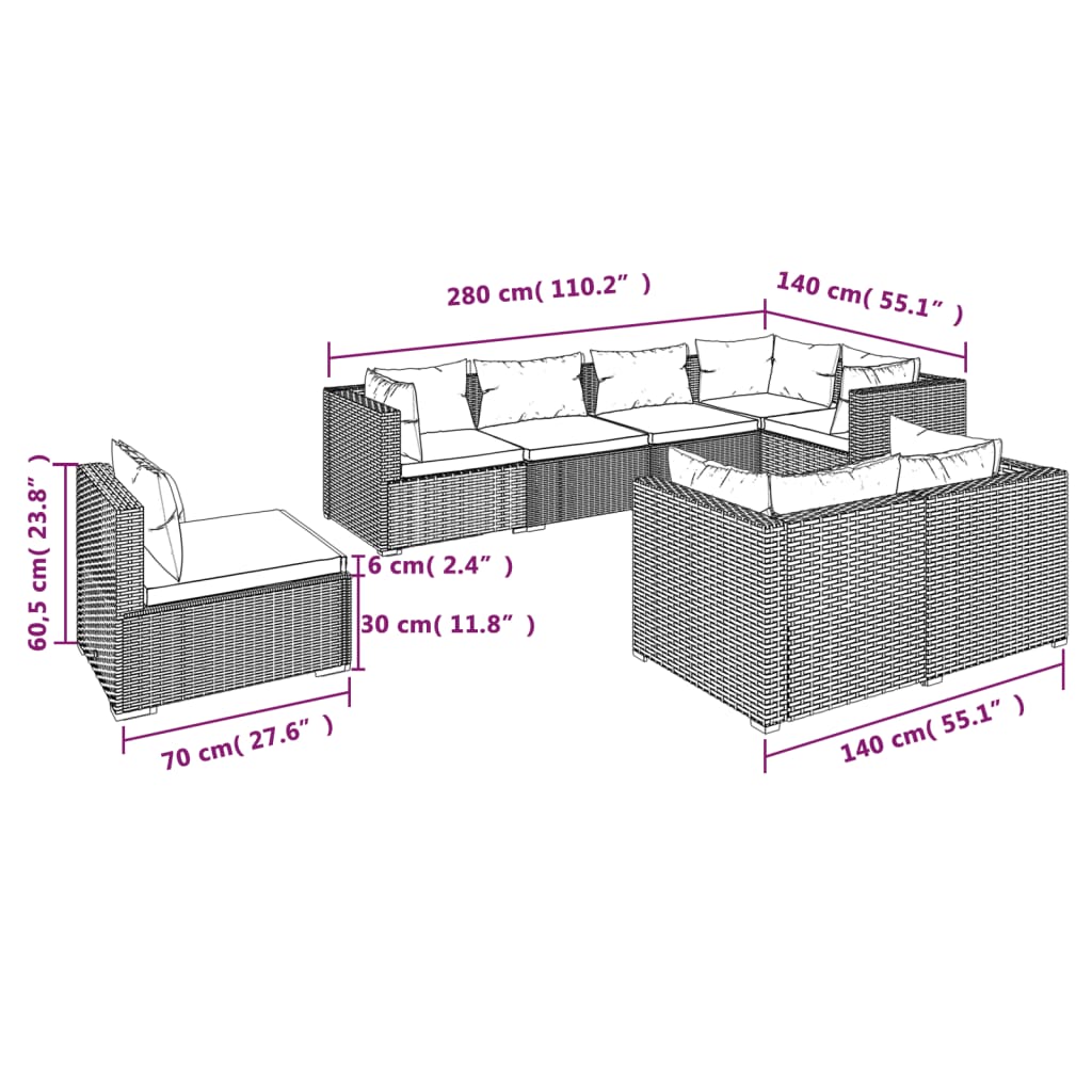 Set Divani da Giardino 8 pz con Cuscini in Polyrattan Nero | homemem39