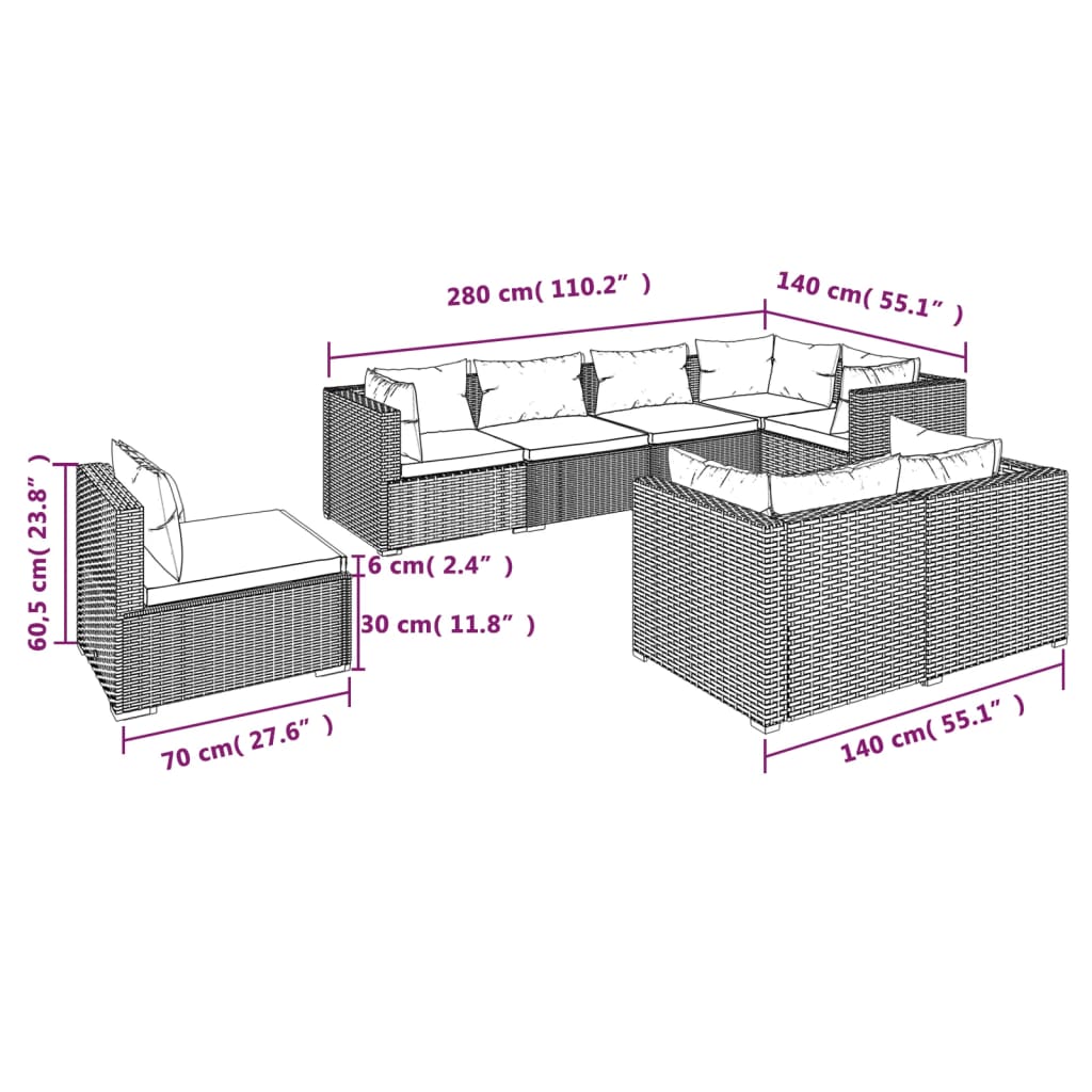 Set Divani da Giardino 8 pz con Cuscini in Polyrattan Marrone | homemem39