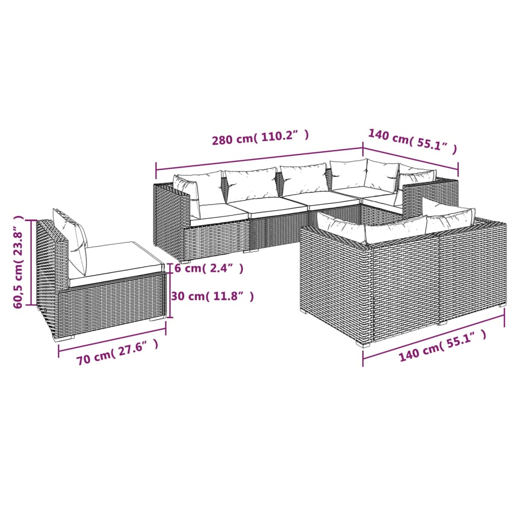 Set Divani da Giardino 8 pz con Cuscini in Polyrattan Grigio | homemem39