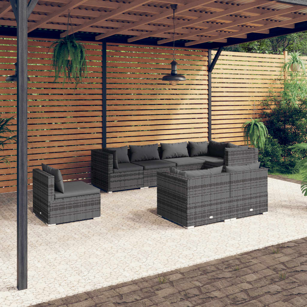 Set Divani da Giardino 8 pz con Cuscini in Polyrattan Grigio | homemem39