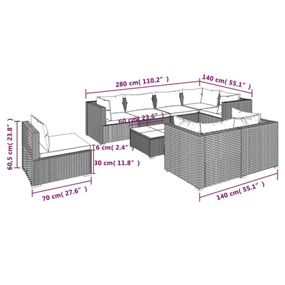 Set Divani da Giardino 9 pz con Cuscini in Polyrattan Nero | homemem39