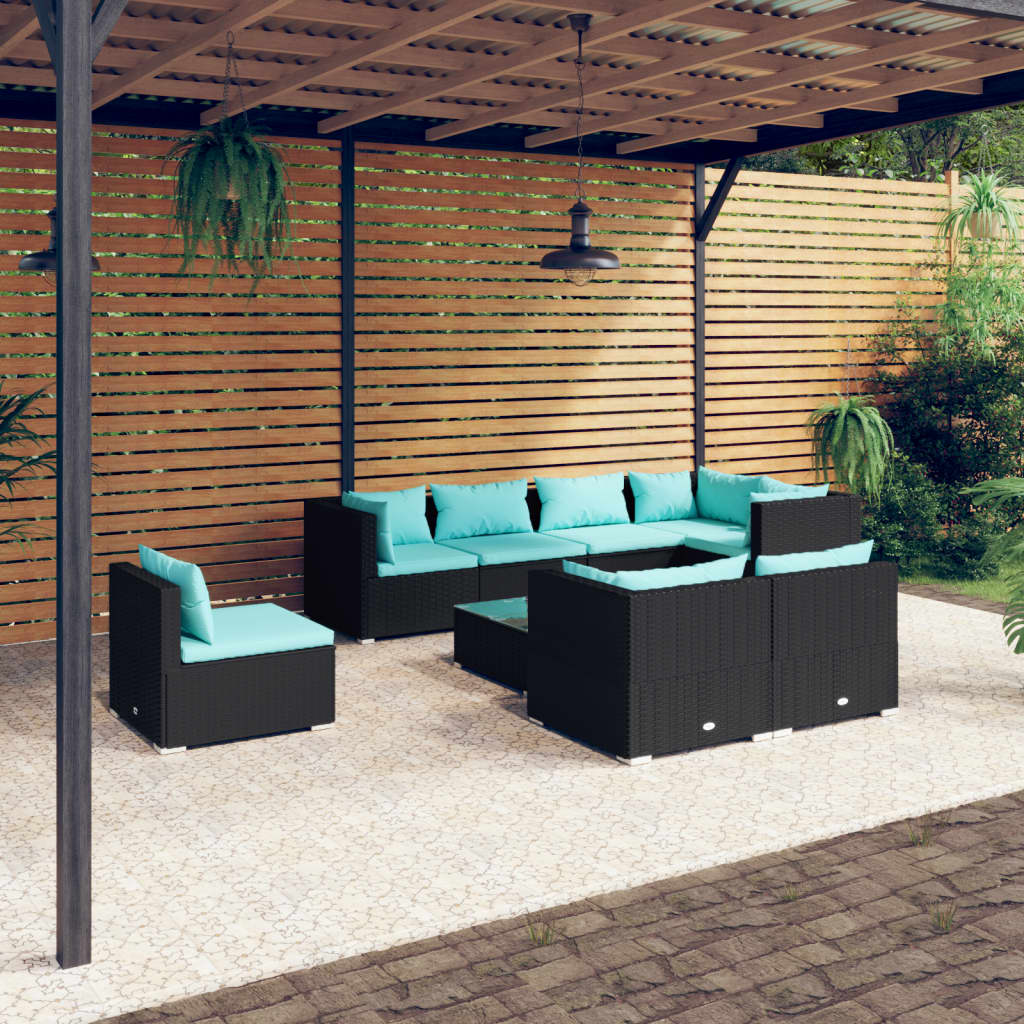 Set Divani da Giardino 9 pz con Cuscini in Polyrattan Nero | homemem39
