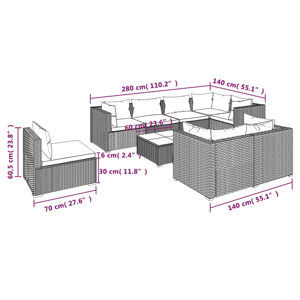 Set Divani da Giardino 9 pz con Cuscini in Polyrattan Marrone | homemem39