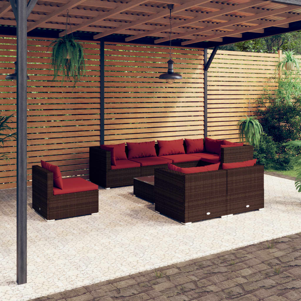 Set Divani da Giardino 9 pz con Cuscini in Polyrattan Marrone | homemem39