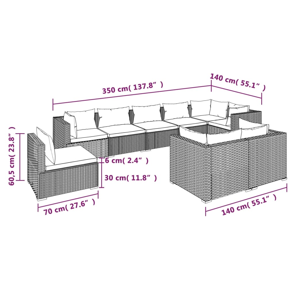 Set Divani da Giardino 9 pz con Cuscini in Polyrattan Marrone | homemem39