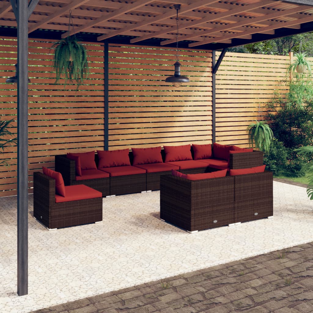 Set Divani da Giardino 9 pz con Cuscini in Polyrattan Marrone | homemem39