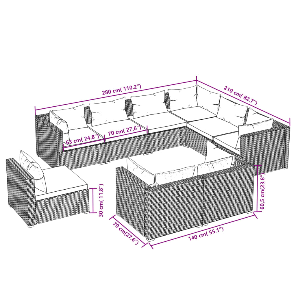 Set Divani da Giardino 9 pz con Cuscini in Polyrattan Marrone | homemem39