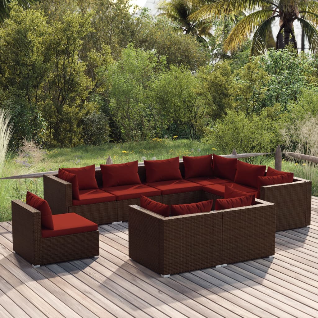 Set Divani da Giardino 9 pz con Cuscini in Polyrattan Marrone | homemem39