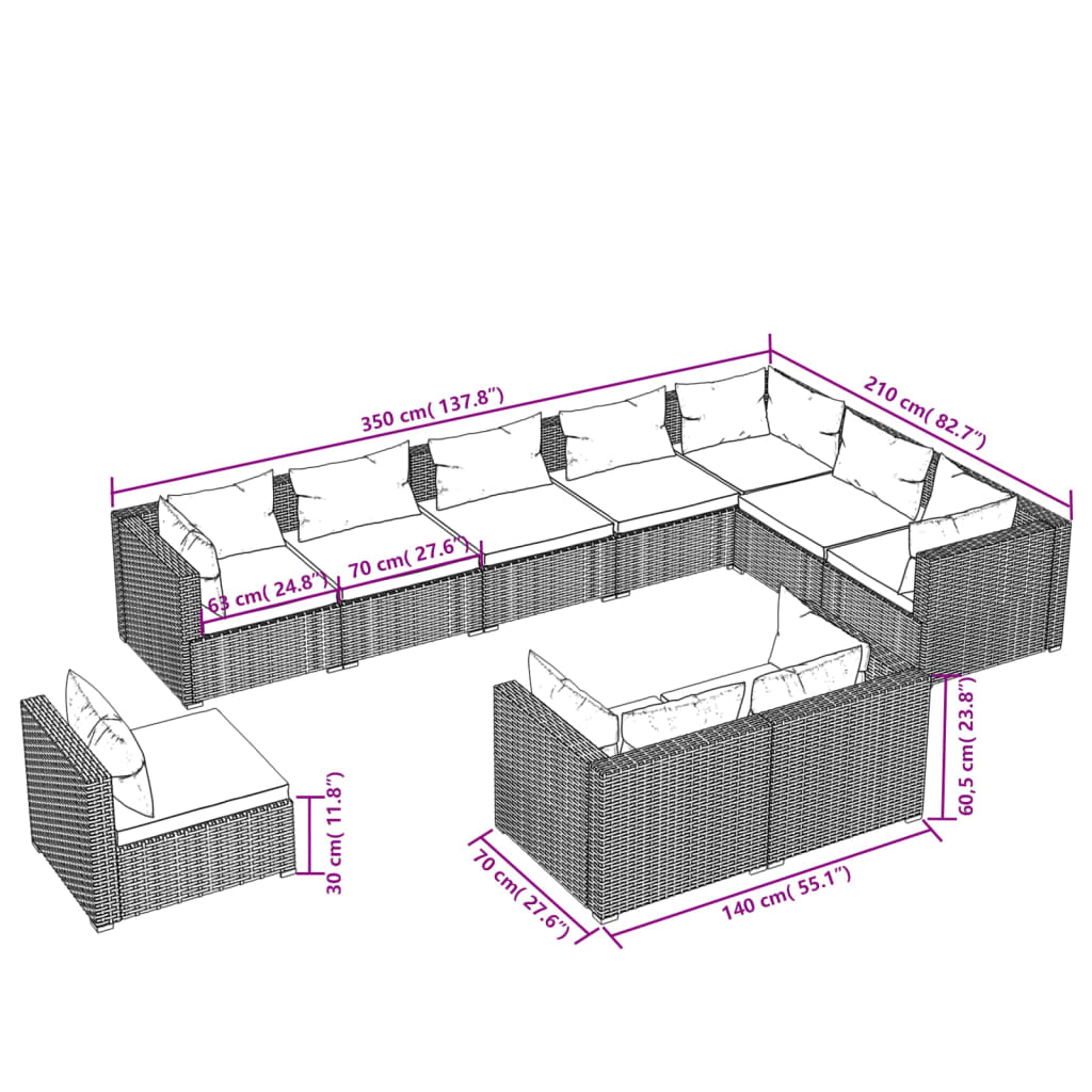 Set Divani da Giardino 10 pz con Cuscini in Polyrattan Marrone | homemem39