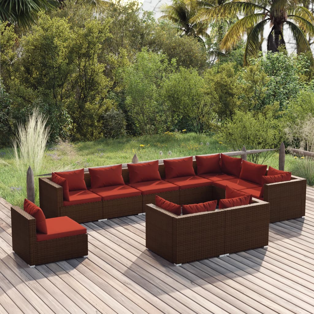 Set Divani da Giardino 10 pz con Cuscini in Polyrattan Marrone | homemem39