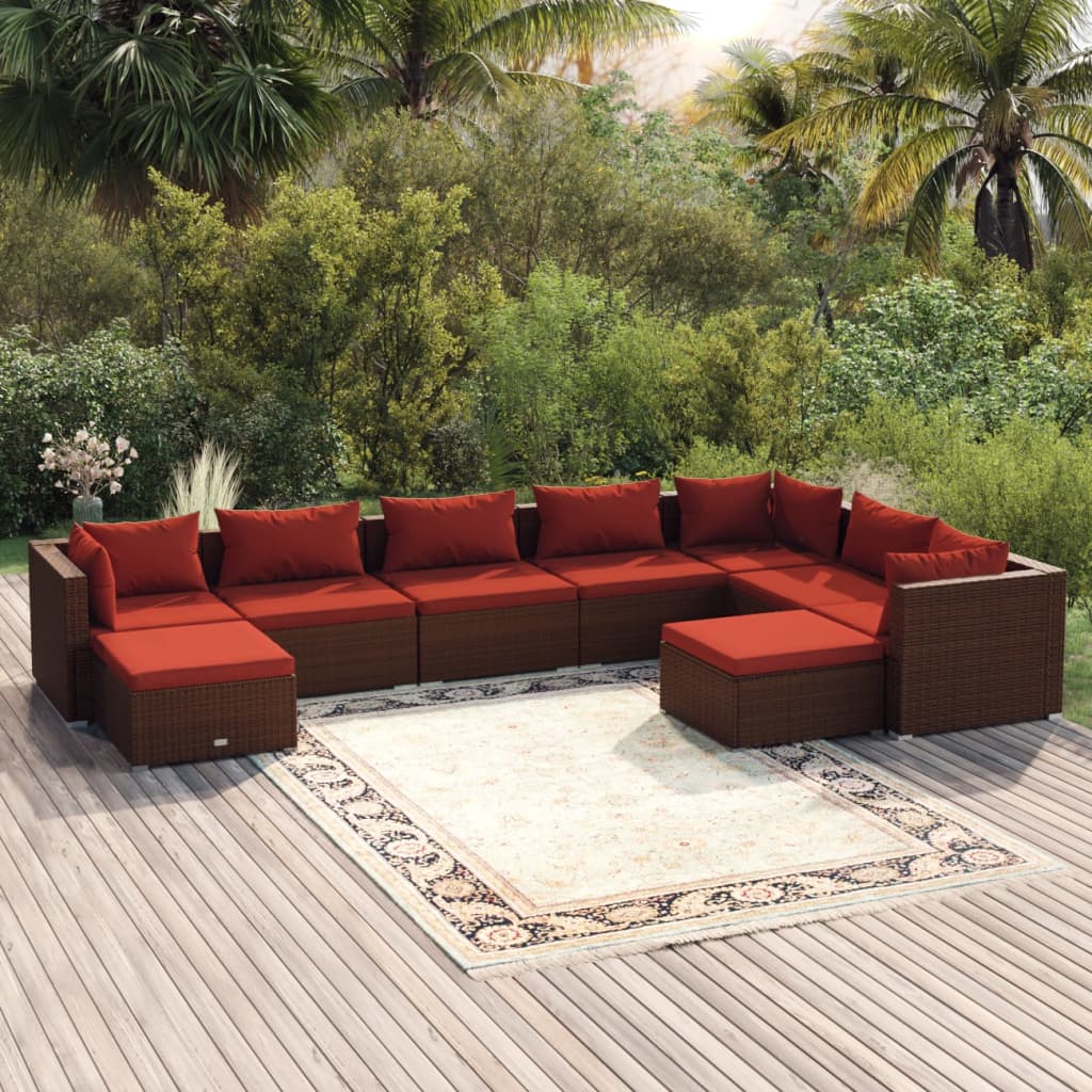 Set Divani da Giardino 9 pz con Cuscini in Polyrattan Marrone | homemem39