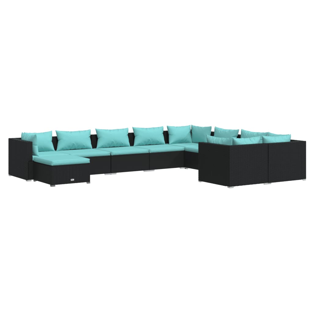 Set Divani da Giardino 10 pz con Cuscini in Polyrattan Nero | homemem39