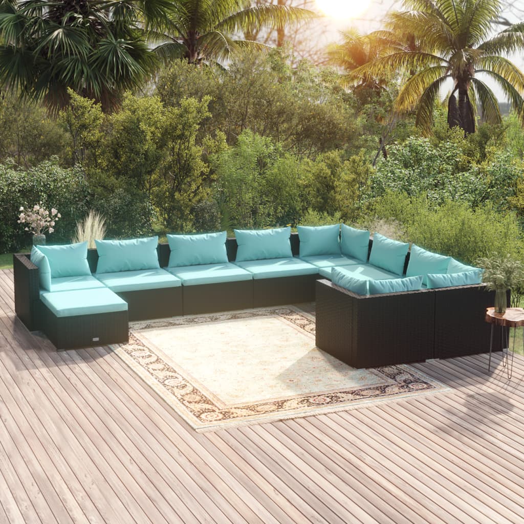 Set Divani da Giardino 10 pz con Cuscini in Polyrattan Nero | homemem39