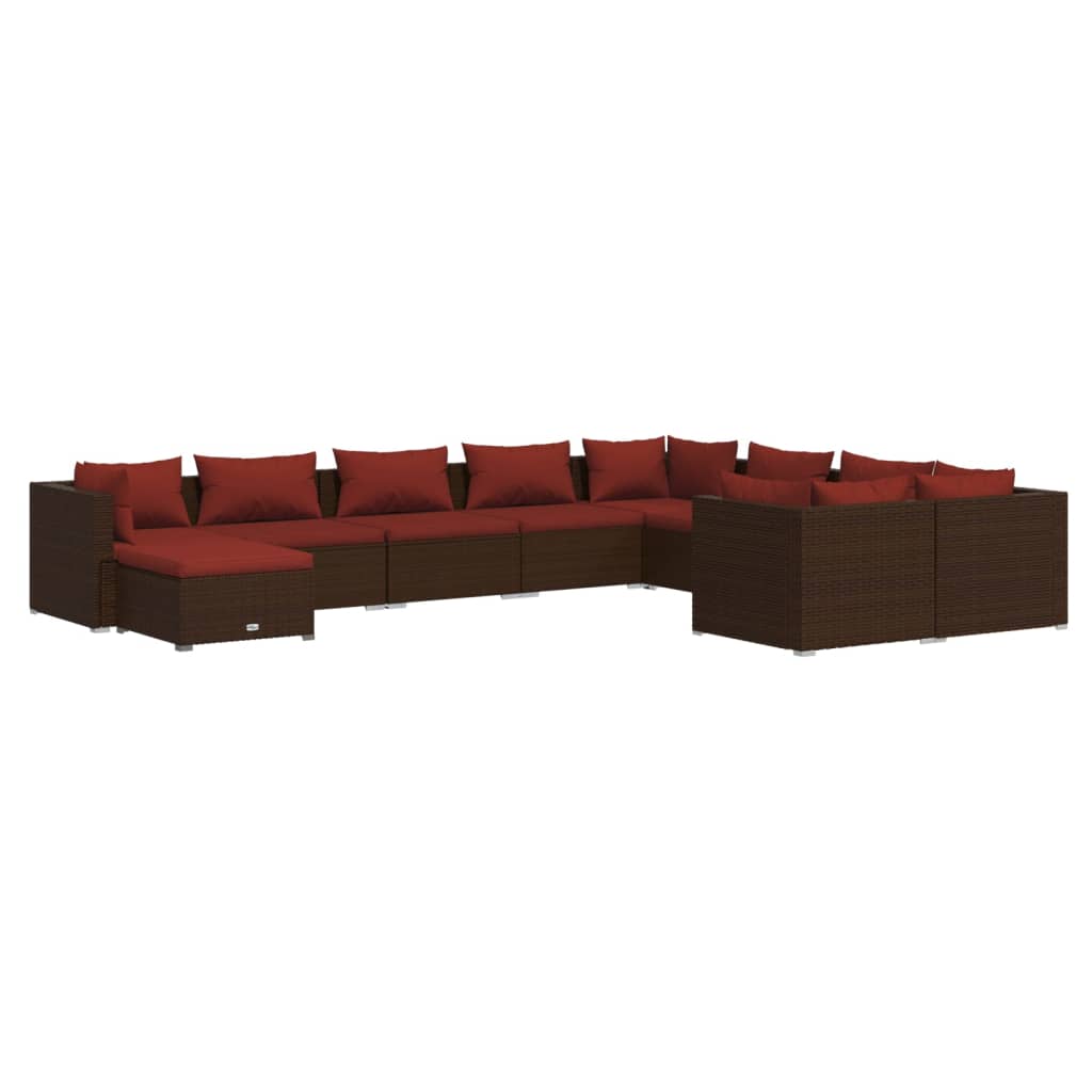 Set Divani da Giardino 10 pz con Cuscini in Polyrattan Marrone | homemem39