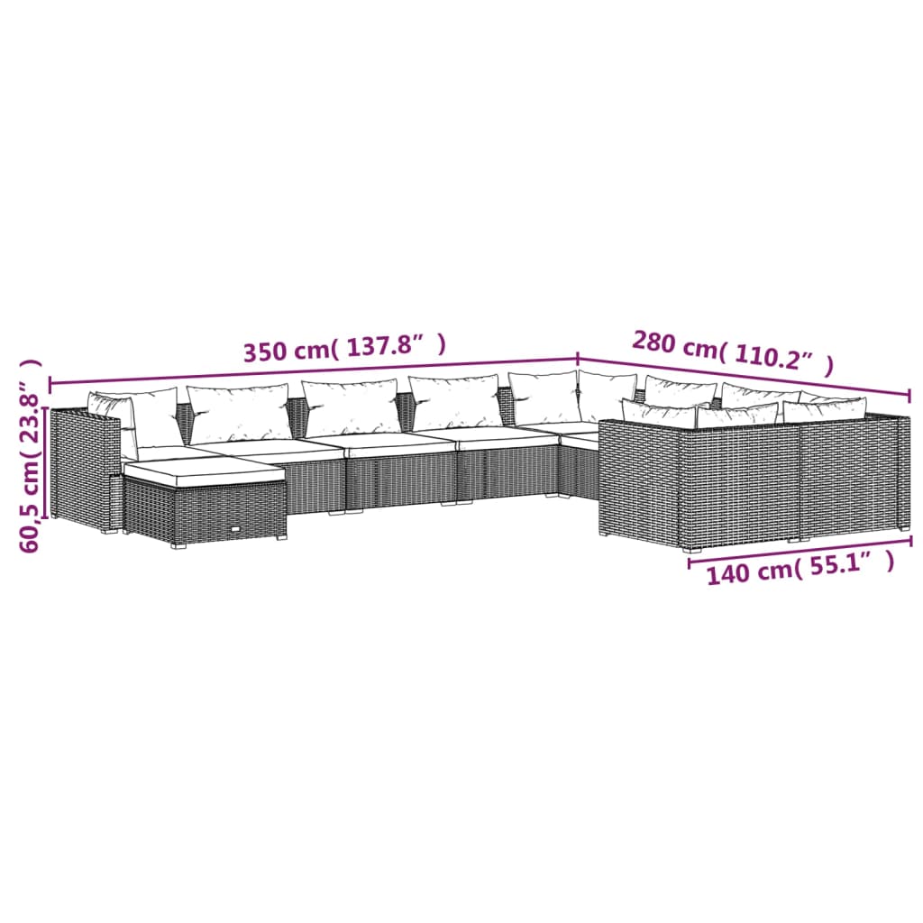 Set Divani da Giardino 10 pz con Cuscini in Polyrattan Marrone | homemem39