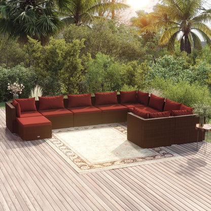 Set Divani da Giardino 10 pz con Cuscini in Polyrattan Marrone | homemem39