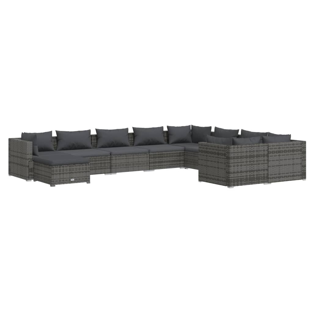 Set Divani da Giardino 10 pz con Cuscini in Polyrattan Grigio | homemem39