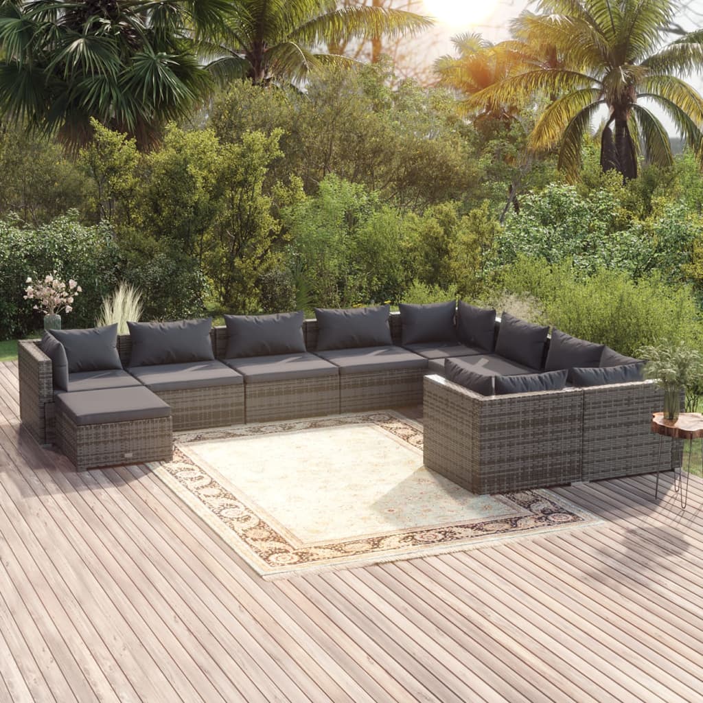 Set Divani da Giardino 10 pz con Cuscini in Polyrattan Grigio | homemem39
