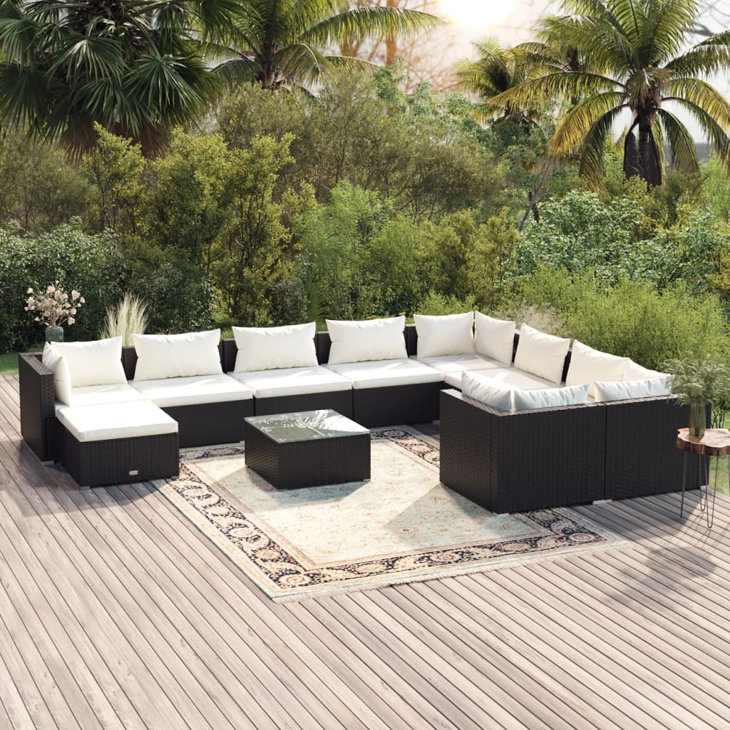 Set Divani da Giardino 11 pz con Cuscini in Polyrattan Nero | homemem39