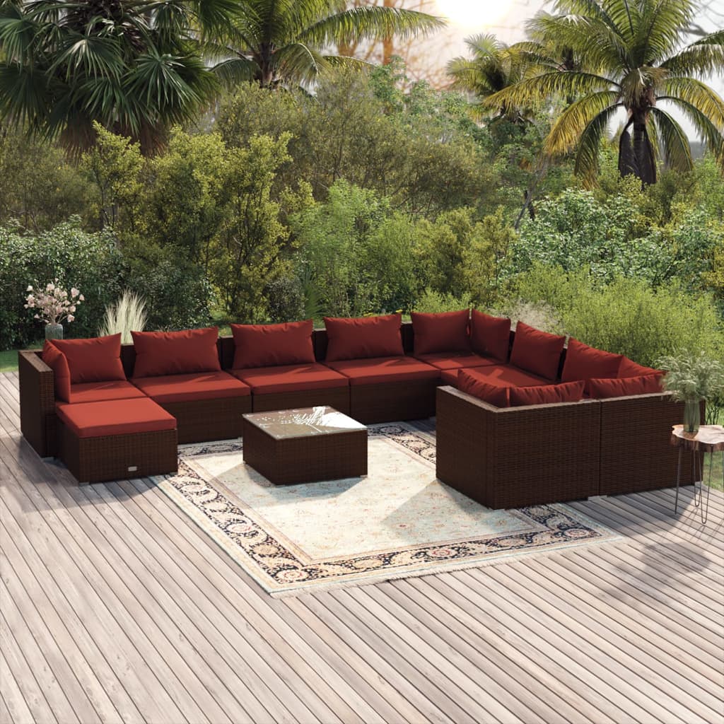 Set Divani da Giardino 11 pz con Cuscini in Polyrattan Marrone | homemem39