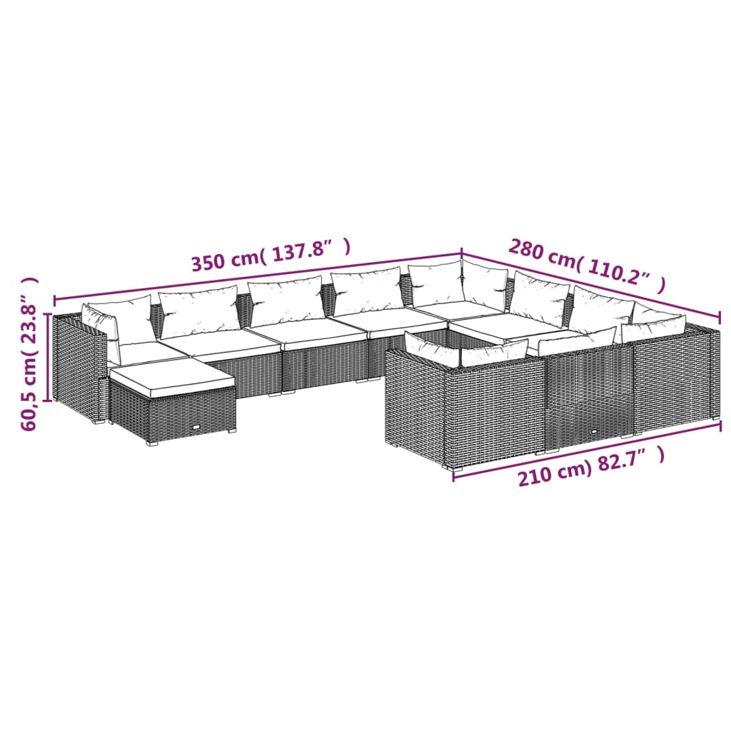 Set Divani da Giardino 11 pz con Cuscini in Polyrattan Marrone | homemem39