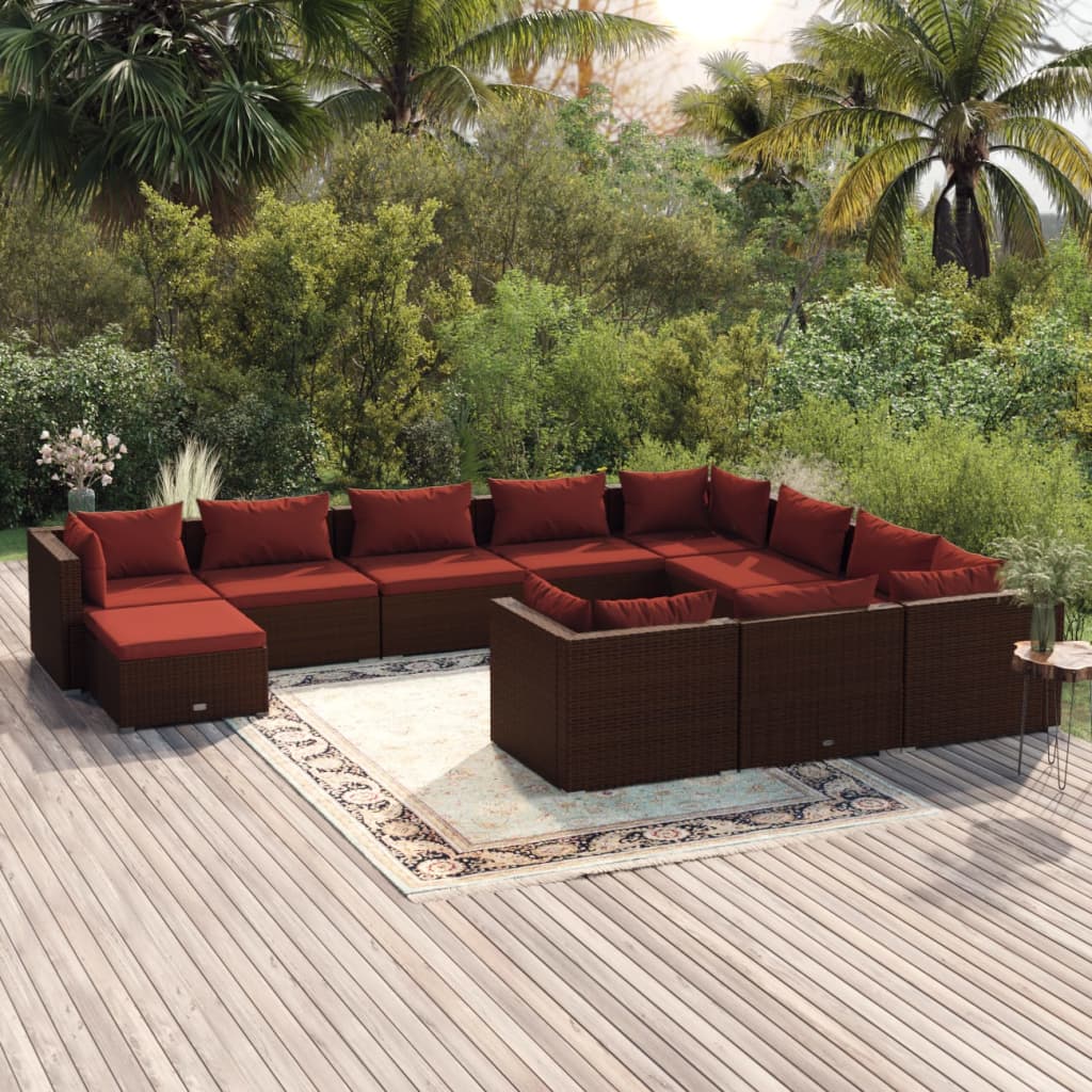 Set Divani da Giardino 11 pz con Cuscini in Polyrattan Marrone | homemem39