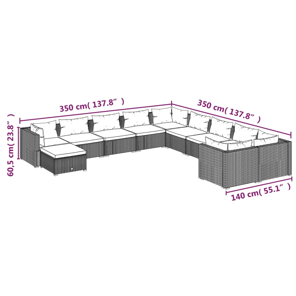 Set Divani da Giardino 11 pz con Cuscini in Polyrattan Marrone | homemem39