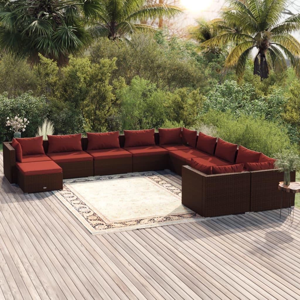Set Divani da Giardino 11 pz con Cuscini in Polyrattan Marrone | homemem39