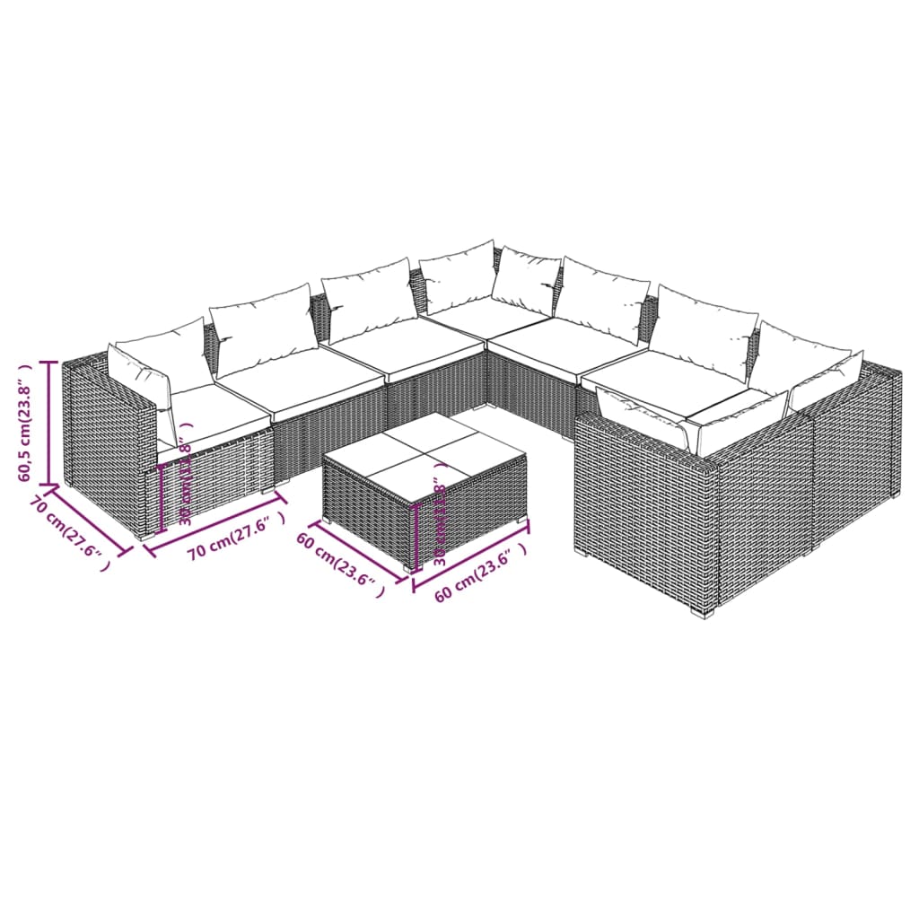 Set Divani da Giardino 9 pz con Cuscini in Polyrattan Marrone | homemem39