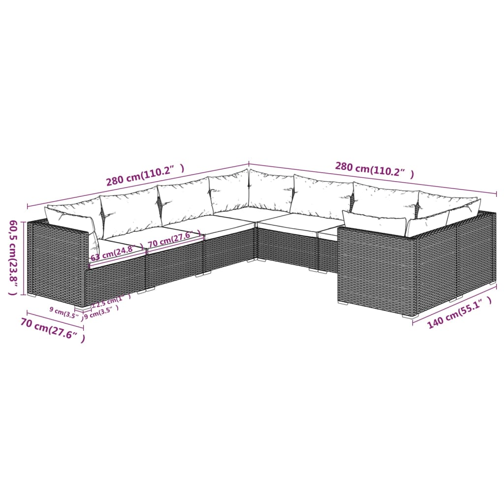 Set Divani da Giardino 8 pz con Cuscini in Polyrattan Marrone | homemem39