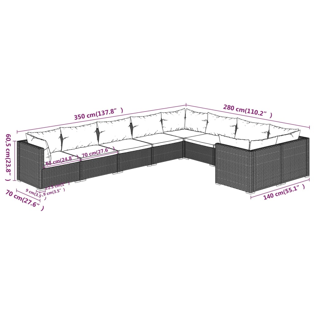 Set Divani da Giardino 9 pz con Cuscini in Polyrattan Marrone | homemem39