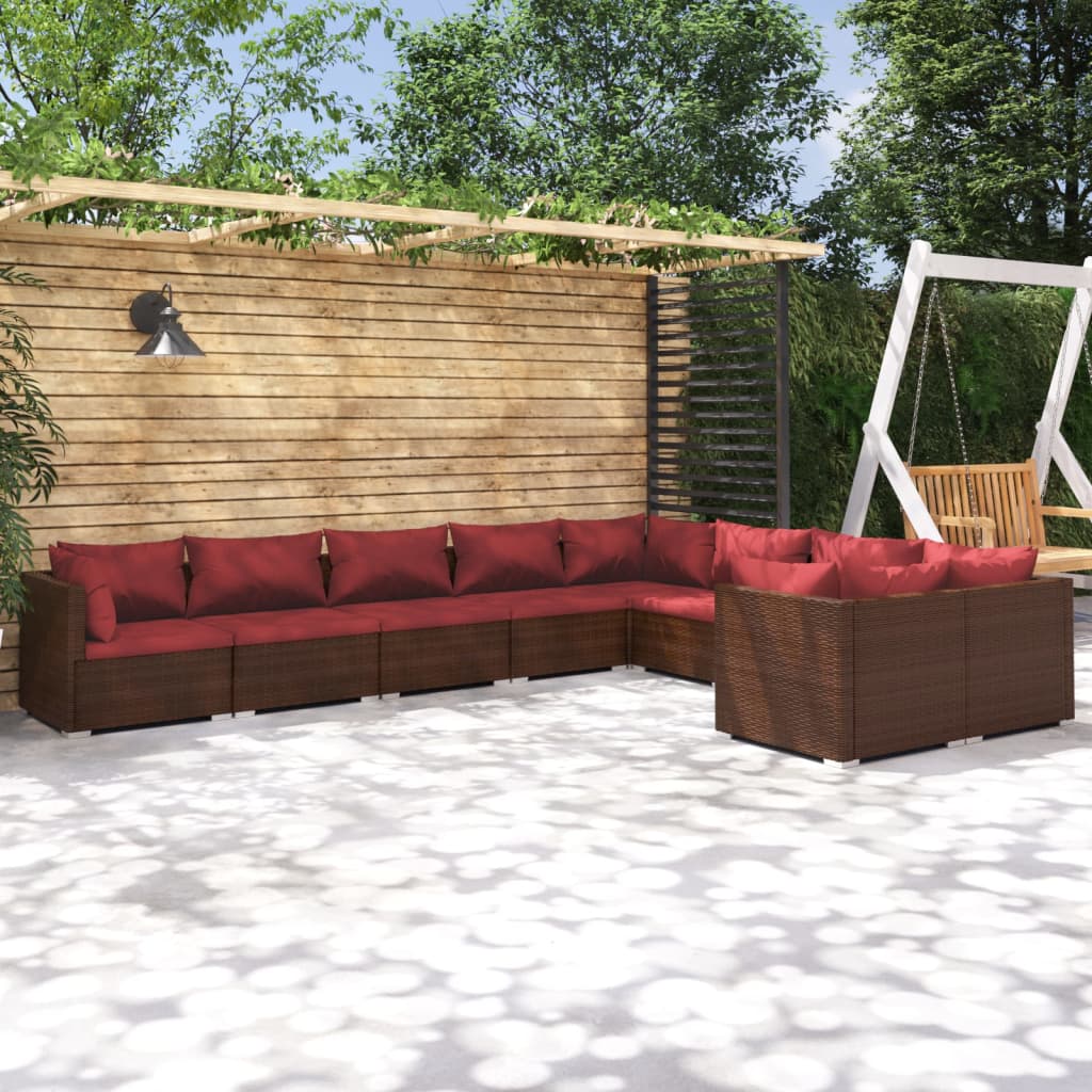 Set Divani da Giardino 9 pz con Cuscini in Polyrattan Marrone | homemem39
