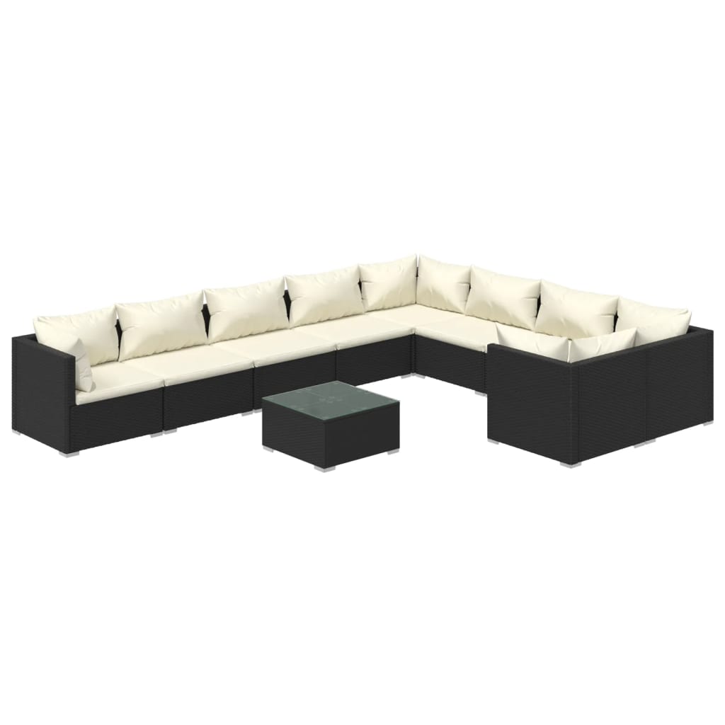 Set Divani da Giardino 10 pz con Cuscini in Polyrattan Nero | homemem39