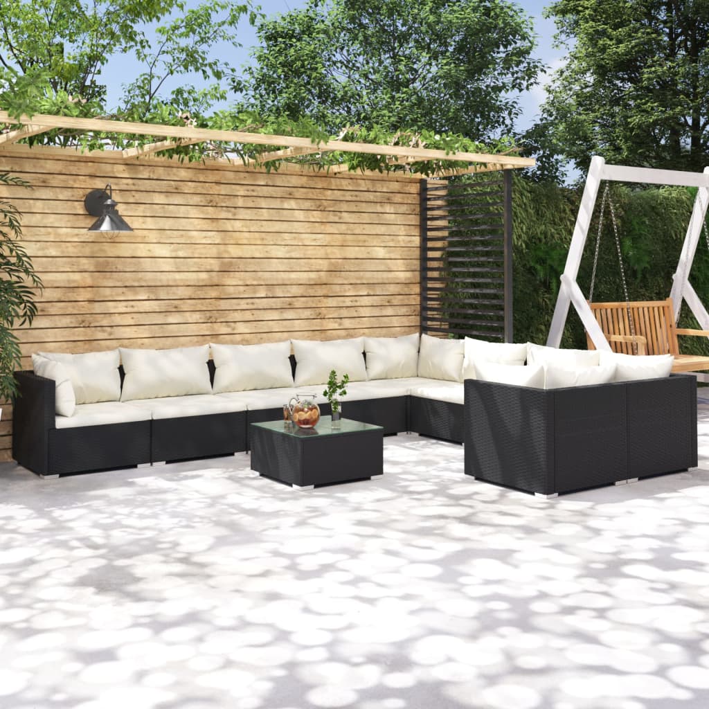 Set Divani da Giardino 10 pz con Cuscini in Polyrattan Nero | homemem39