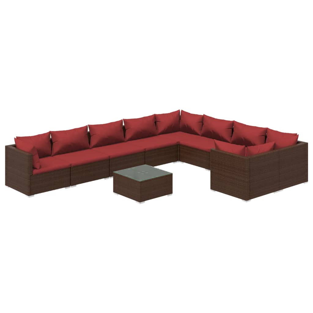 Set Divani da Giardino 10 pz con Cuscini in Polyrattan Marrone | homemem39