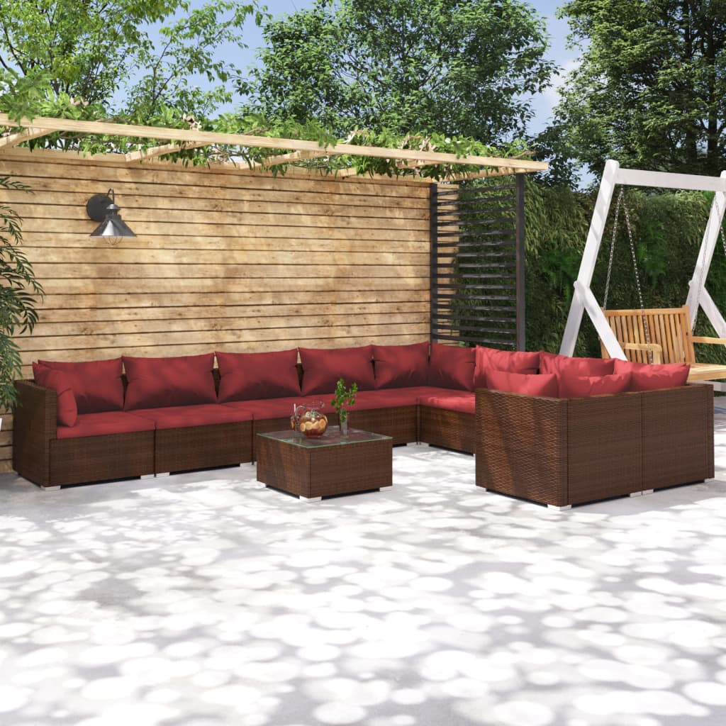 Set Divani da Giardino 10 pz con Cuscini in Polyrattan Marrone | homemem39