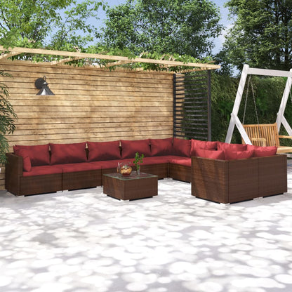 Set Divani da Giardino 10 pz con Cuscini in Polyrattan Marrone | homemem39