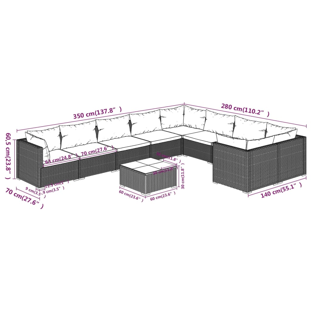 Set Divani da Giardino 10 pz con Cuscini in Polyrattan Marrone | homemem39