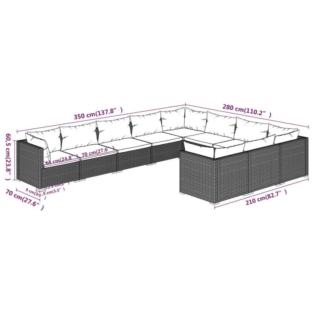 Set Divani da Giardino 10 pz con Cuscini in Polyrattan Marrone | homemem39
